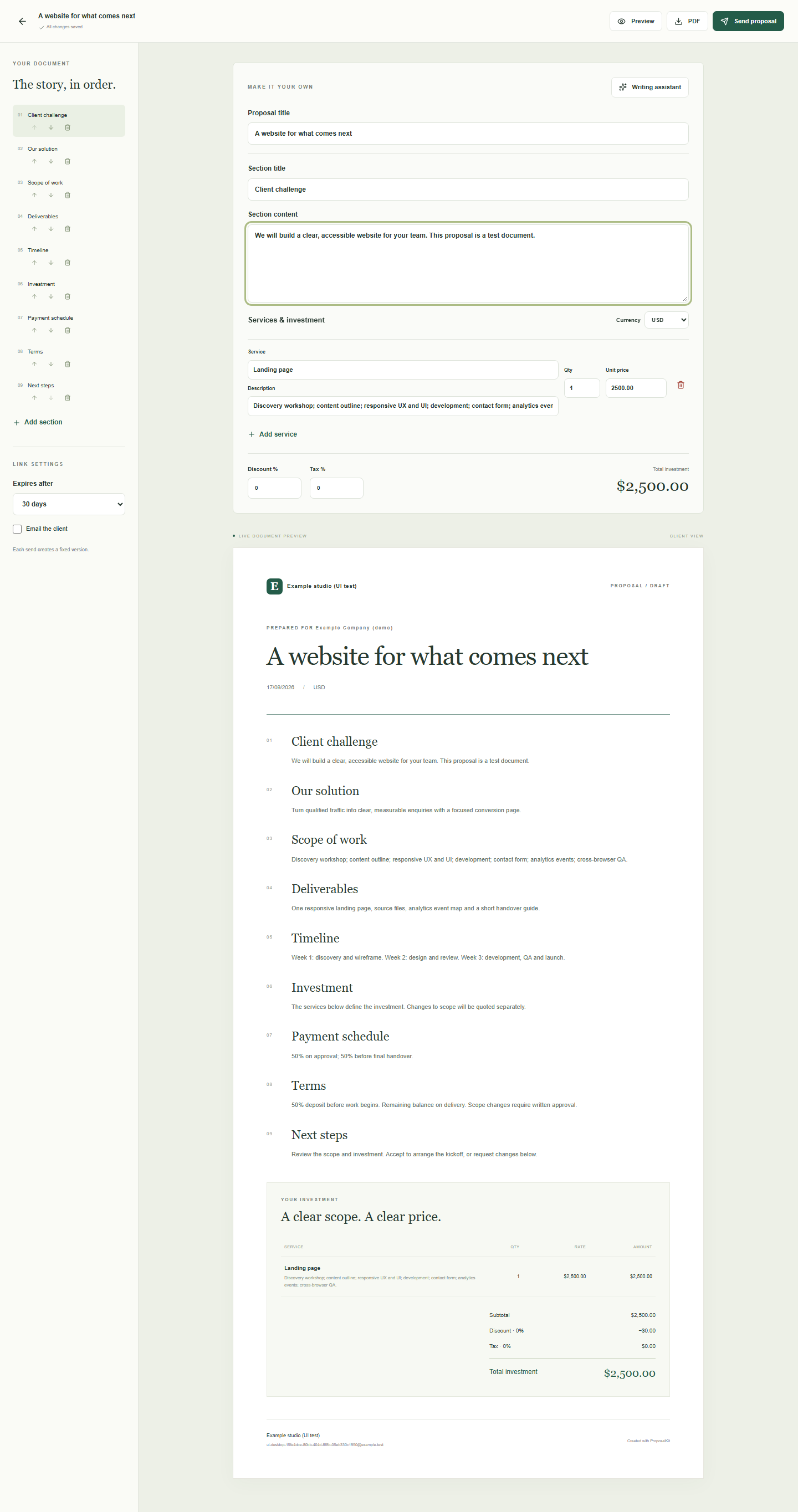 Actual proposal section editor