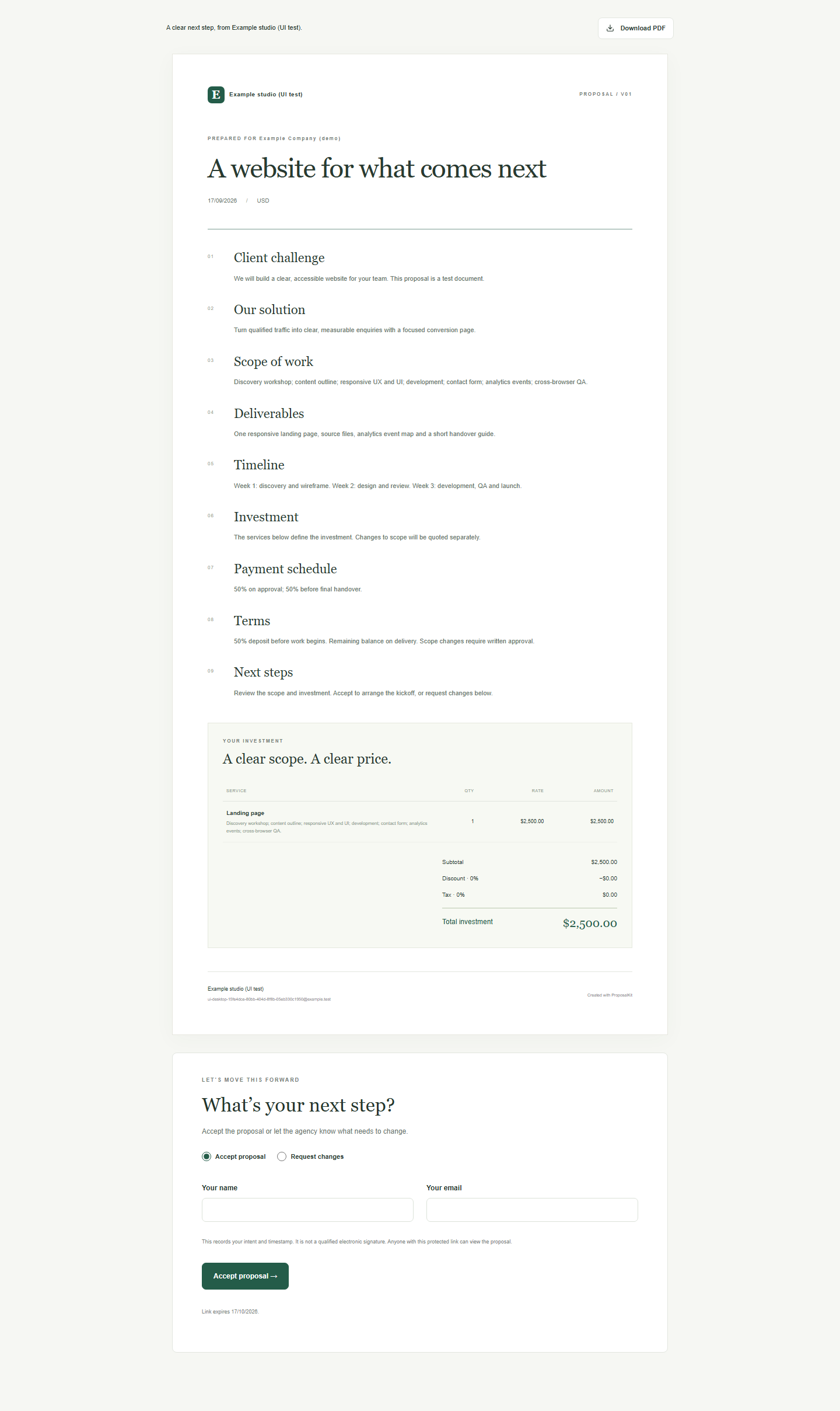 Actual client proposal view