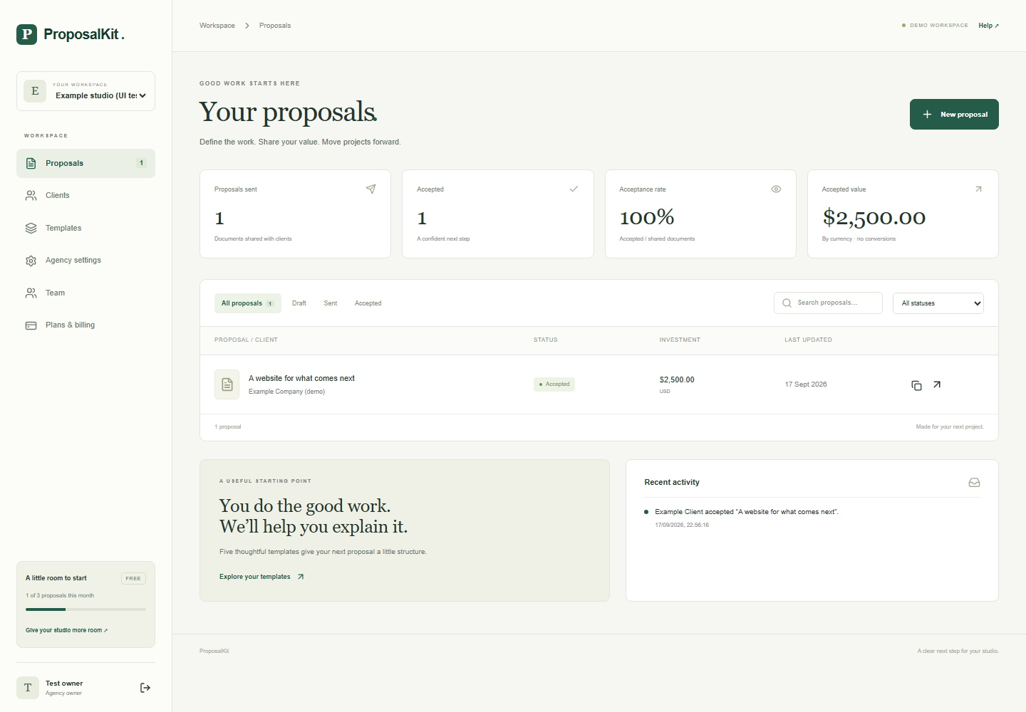 Actual ProposalKit agency workspace